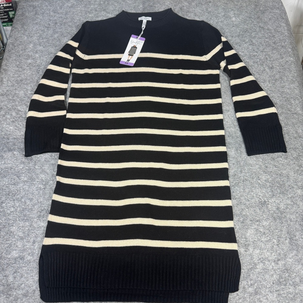 Jessica Simpson Black Cream Striped Mock Neck Knit Sweater Dress XS NWT